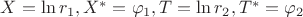 $X=\ln r_1, X^*=\varphi_1, T=\ln r_2, T^*=\varphi_2$