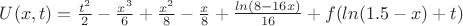 $ U(x,t)= {\frac {t^2}2 } - \frac {x^3} 6 + \frac {x^2} 8 -\frac {x} 8 +\frac {ln(8-16x)} {16}+ f(ln(1.5-x)+t)$