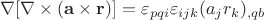 $\nabla[\nabla\times(\mathbf a\times \mathbf r)]=\varepsilon_{pqi}\varepsilon_{ijk}(a_j r_k)_{,qb}$