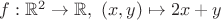 $f:\mathbb R^2\to\mathbb R,\ (x,y)\mapsto 2x+y$