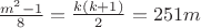$\frac {m^2-1} 8 =\frac {k(k+1)} 2= 251m$