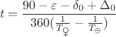 $$t=\frac{90&deg;-\varepsilon-\delta_0+\Delta_0}{360&deg;(\frac{1}{T_{\venus}}-\frac{1}{T_{\oplus}})}$$