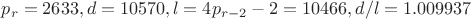 $p_r=2633, d=10570, l=4p_{r-2}-2=10466, d/l=1.009937$