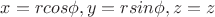 $$ x = r cos\phi, y = r sin\phi, z=z$$