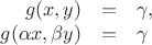 $$
   \begin{array}{rcl}
    g(x,y) & = & \gamma, \\
    g(\alpha x,\beta y) & = & \gamma
   \end{array}
$$