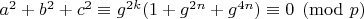 $a^2+b^2+c^2\equiv g^{2k}(1+g^{2n}+g^{4n})\equiv 0\pmod p$