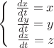 $$\left\{
\begin{array}{rcl}
 \frac{dx}{dt}=x \\
 \frac{dy}{dt} =y \\
 \frac{dz}{dt}=z \\
\end{array}
\right.$$