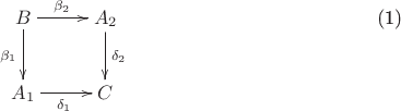 \begin{equation}\xymatrix{
B \ar@{->}[r]^-{\beta_2}\ar@{->}[d]_{\beta_1} & A_2 \ar@{->}[d]^{\delta_2} \\ 
A_1 \ar@{->}[r]_{\delta_1} & C
}\end{equation}