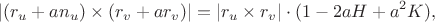 $$
|(r_u+an_u)\times(r_v+ar_v)|=|r_u\times r_v|\cdot (1-2aH+a^2K),
$$