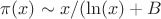 $\pi(x) \sim x/(\ln(x)+B$