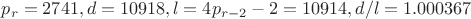 $p_r=2741, d=10918, l=4p_{r-2}-2=10914, d/l=1.000367$