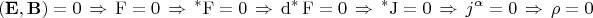 $$\left(\mathbf{E},\mathbf{B}\right)=0\,\Rightarrow\,\mathrm{F}=0\,\Rightarrow\,^*\mathrm{F}=0\,\Rightarrow\,\mathrm{d}^*\,\mathrm{F}=0\,\Rightarrow\,^*\mathrm{J}=0\,\Rightarrow\,j^{\alpha}=0\,\Rightarrow\,\rho=0$$