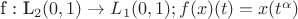 f : L_2(0,1) \to L_1(0,1); f(x)(t)=x(t^\alpha)