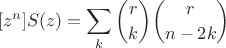$$[z^n] S(z)=\sum_k \binom r k \binom r {n-2k}$$
