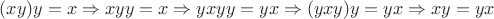 $(xy)y=x \Rightarrow xyy=x \Rightarrow yxyy=yx \Rightarrow (yxy)y=yx \Rightarrow xy =yx$