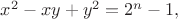 $x^2-xy+y^2 = 2^n-1,$