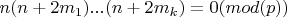 $n(n+2m_1)...(n+2m_k) =  0(mod (p))$