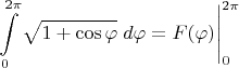 $\displaystyle\int\limits_0^{2\pi}\sqrt{1+\cos\varphi}\;d\varphi=F(\varphi)\Bigg|_0^{2\pi}$