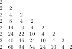 $\begin{matrix}
 2 \\
 2 & 2 \\
 2 & 4 & 2 \\
 2 & 8 & 4 & 2 \\
 2 & 14 & 10 & 4 & 2\\
 2 & 24 & 22 & 10 & 4 & 2\\
 2 & 40 & 46 & 24 & 10 & 4 & 2\\
 2 & 66 & 94 & 54 & 24 & 10 & 4 & 2\end{matrix}$