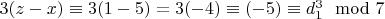 $3(z - x)\equiv 3(1 - 5) = 3(- 4)\equiv (- 5)\equiv d_1 ^ 3\mod 7 $