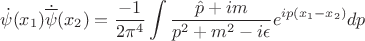 $$ \dot{\psi}(x_1)\dot{\overline{\psi}}(x_2) =\frac{-1}{2\pi^4}\int\frac{\hat{p}+im}{p^2+m^2-i\epsilon}e^{ip(x_1-x_2)}dp $$ $$ \dot{\psi}(x_1)\dot{\overline{\psi}}(x_2) =\frac{-1}{2\pi^4}\int\frac{\hat{p}+im}{p^2+m^2-i\epsilon}e^{ip(x_1-x_2)}dp $$