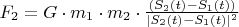 $F_2  = G \cdot m_1 \cdot m_2 \cdot \frac{( S_2(t) - S_1(t) )}{| S_2(t) - S_1(t) | ^2}$