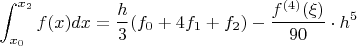 $\displaystyle \int_{x_0}^{x_2}f(x)dx={h\over3}(f_0+4f_1+f_2)-{f^{(4)}(\xi)\over90}\cdot h^5$