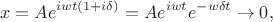 $$x=Ae^{iwt(1+i\delta)}=Ae^{iwt}e^{-w\delta t}\to 0,$$