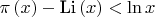 $\pi \left( x \right) - {\text{Li}}\left( x \right) < \ln x$