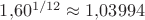 $1{,}60^{1/12}\approx 1{,}03994$