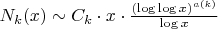 $N_k(x) \sim C_k \cdot x \cdot \frac{(\log\log x)^{a(k)}}{\log x}$