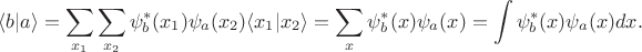 $\displaystyle\langle b|a\rangle=\sum_{x_1}\sum_{x_2}\psi_b^*(x_1)\psi_a(x_2)\langle x_1|x_2\rangle=\sum_x\psi_b^*(x)\psi_a(x)=\int\psi_b^*(x)\psi_a(x)dx.$