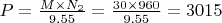 $P=\frac{M\times N_2}{9.55}=\frac{30\times 960}{9.55}=3015$