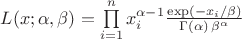 $L(x;\alpha,\beta)=\prod\limits_{i=1}^n x_i^{\alpha-1} \frac{\exp\left(-x_i/\beta\right)}{\Gamma(\alpha)\,\beta^{\alpha}}$