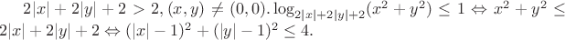 $2|x|+2|y|+2>2, (x,y)\ne(0,0). \log_{2|x|+2|y|+2} (x^2+y^2)\le 1 \Leftrightarrow x^2+y^2\le 2|x|+2|y|+2 \Leftrightarrow (|x|-1)^2+(|y|-1)^2 \le 4.$