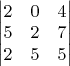 $\begin{vmatrix}
2 & 0  & 4\\
5 & 2 & 7\\
2 & 5 & 5
\end{vmatrix}$