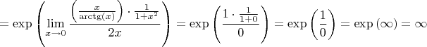 $$=\exp \left(\lim_{x \to 0}\frac{\left( \frac{x}{\arctg (x)\right)}\cdot \frac{1}{1+x^2}}{2x}\right)=\exp \left(\frac{1 \cdot \frac{1}{1+0}}{0}\right)=\exp \left(\frac{1}{0}\right) = \exp \left(\infty\right) = \infty $$
