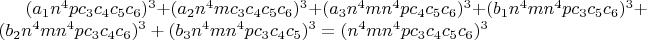 $(a_1n^4pc_3c_4c_5c_6)^3+(a_2n^4mc_3c_4c_5c_6)^3+(a_3n^4mn^4pc_4c_5c_6)^3+(b_1n^4mn^4pc_3c_5c_6)^3+(b_2n^4mn^4pc_3c_4c_6)^3+(b_3n^4mn^4pc_3c_4c_5)^3=(n^4mn^4pc_3c_4c_5c_6)^3$