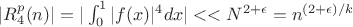 $|R^p_4(n)|=|\int_{0}^{1} {|f(x)|^{4}dx}| << N^{2+\epsilon}=n^{(2+\epsilon)/k}$