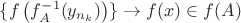 $\{f\left(f^{-1}_A(y_{n_k})\right)\}\to f(x)\in f(A)$