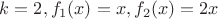 $k=2,f_1(x)=x, f_2(x)=2x$
