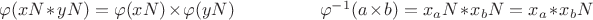 $\varphi(xN * yN)=\varphi(xN)\times \varphi(yN)\;\;\;\;\;\;\;\;\;\;\;\;\;\;\;\;\;\varphi^{-1}(a\times b)=x_aN * x_bN=x_a*x_bN$