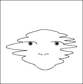 $$
\begin{picture}(300,200)

\qbezier(85,15)(50,25)(70,30)
\qbezier(73,40)(20,35)(70,30)
\qbezier(65,55)(0,44)(73,40)
\qbezier(75,64)(40,58)(65,55)
\qbezier(75,64)(60,68)(90,75)
\qbezier(120,75)(100,80)(90,75)
\qbezier(130,71)(130,73)(120,75)
\qbezier(130,64)(160,66)(130,71)
\qbezier(130,64)(180,60)(140,58)
\qbezier(160,56)(140,57)(140,58)
\qbezier(160,56)(160,54)(140,52)
\qbezier(160,48)(130,51)(140,52)
\qbezier(160,48)(170,46)(140,44)
\qbezier(150,38)(120,41)(140,44)
\qbezier(150,38)(165,35)(140,32)
\qbezier(130,25)(160,28)(140,32)
\qbezier(130,25)(150,20)(125,15)
\qbezier(85,15)(105,-5)(125,15)


\qbezier(92,33)(94,35)(100,32)
\qbezier(103,32)(109,35)(111,33)


\qbezier(67,55)(90,58)(90,51)
\qbezier(115,55)(130,58)(138,53)

\multiput(20,-20)(150,0){2}{
\line(0,1){150}
}

\multiput(20,-20)(0,150){2}{
\line(1,0){150}
}

\textcolor{gray}{
\multiput(75,52.5)(48,0){2}{
\circle*{8}
}
}


\multiput(75,53)(48,0){2}{
\circle*{4}
}

\end{picture}
$$