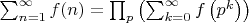 $\sum_{n=1}^{\infty}f(n)=\prod_{p}\left(\sum_{k=0}^{\infty}f\left(p^k\right)\right)$