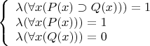 $$\left\{
\begin{array}{lll}
\lambda (\forall x (P(x) \supset Q(x))) =1 \\
\lambda (\forall x (P(x))) =1 \\
\lambda (\forall x (Q(x))) =0
\end{array}
$$
