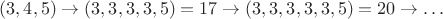 $(3,4,5) \to (3,3,3,3,5)=17 \to (3,3,3,3,3,5)=20 \to \ldots$