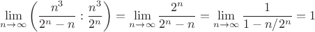 $$\lim_{n\to\infty}\left(\frac{n^3}{2^n-n}:\frac{n^3}{2^n}\right)=\lim_{n\to\infty}\frac{2^n}{2^n-n}=\lim_{n\to\infty}\frac{1}{1-n/2^n}=1$$