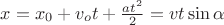 $\[x = {x_0} + {v_o}t + \frac{{a{t^2}}}{2} = vt\sin \alpha \]$