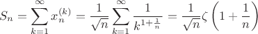$$S_n=\sum_{k=1}^{\infty}x_n^{(k)}=\frac 1{\sqrt{n}}\sum_{k=1}^{\infty}\frac 1{k^{1+\frac 1n}}=\frac 1{\sqrt{n}}\zeta\left(1+\frac 1n\right)$$