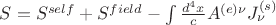 $S=S^{self}+S^{field}-\int{ \frac{d^4 x}{c} A^{(e)\nu}J^{(s)}_\nu}$ $S=S^{self}+S^{field}-\int{ \frac{d^4 x}{c} A^{(e)\nu}J^{(s)}_\nu}$